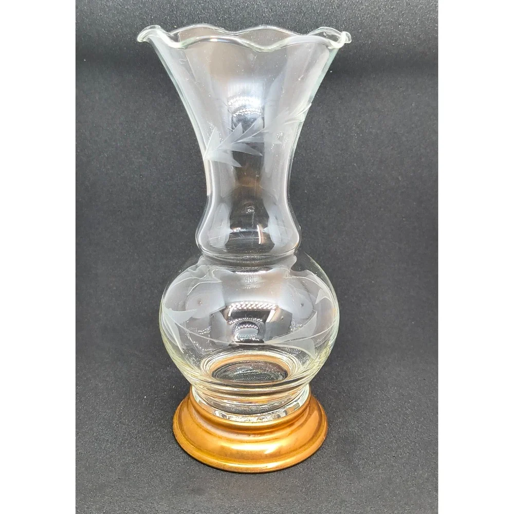 Vintage Princess House Etched Wheat Glass Bud Vase Copper Base Ruffled Rim